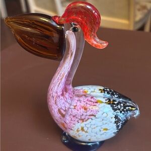 Artisan Glass Pelican Figurine with Red and Brown Accents